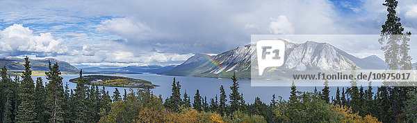 Herbstschauer erzeugen einen Regenbogen über dem Tagish Lake  Bove Island  entlang des Klondike Highway  Yukon Territory  Kanada