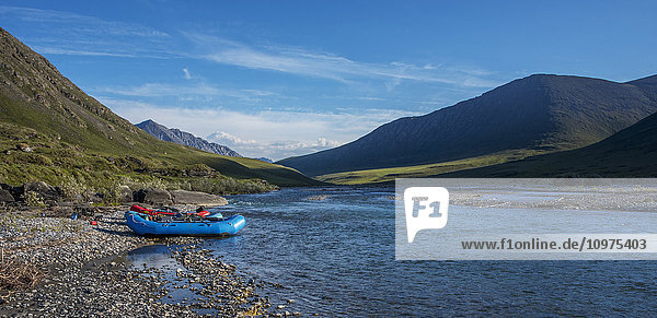 Rafts along the shore on the Marsh Fork of the Canning River in the Arctic National Wildlife Refuge  Summer  Alaska