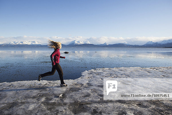 Frau läuft auf dem eisbedeckten Strand in Homer  Kenai-Halbinsel  Süd-Zentral-Alaska