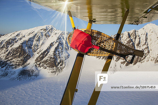 Blick auf traditionelle Schneeschuhe  die an den Flügelstreben einer Piper PA-18 Super Cub befestigt sind  während des Flugs über den Kenai Mountains  Alaska