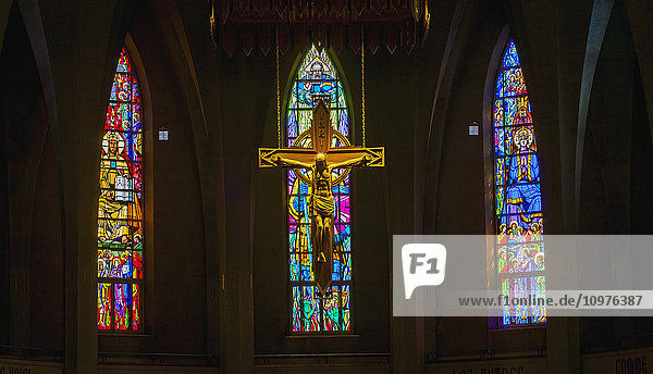'Crucifix and stained glass windows of Saint-Michel Basilica-Cathedral; Sherbrooke  Quebec  Canada'