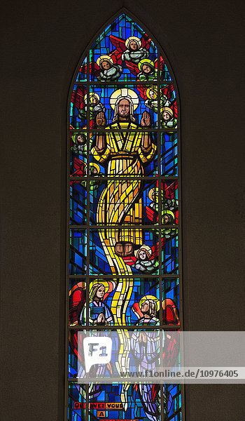 'Detail of stained glass windows of Saint-Michel Basilica-Cathedral; Sherbrooke  Quebec  Canada'