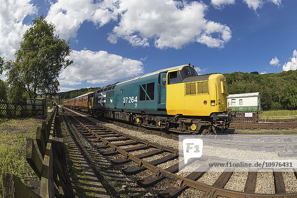 Bunte Lokomotive eines Personenzugs auf den Gleisen; Ainthorpe  North Yorkshire  England