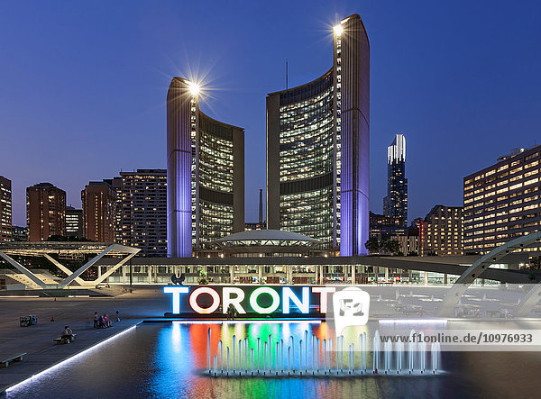 'Illuminated city sign in place for Pan Am Games at Nathan Phillips Square city hall; Toronto  Ontario  Canada '