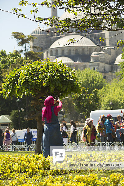 Frau macht Handy-Foto von der Blauen Moschee; Istanbul  Türkei'.