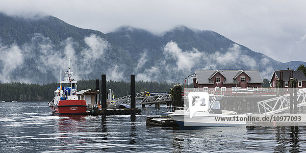 'Boats in mist at dock; Tofino  Vancouver Island  British Columbia  Canada'