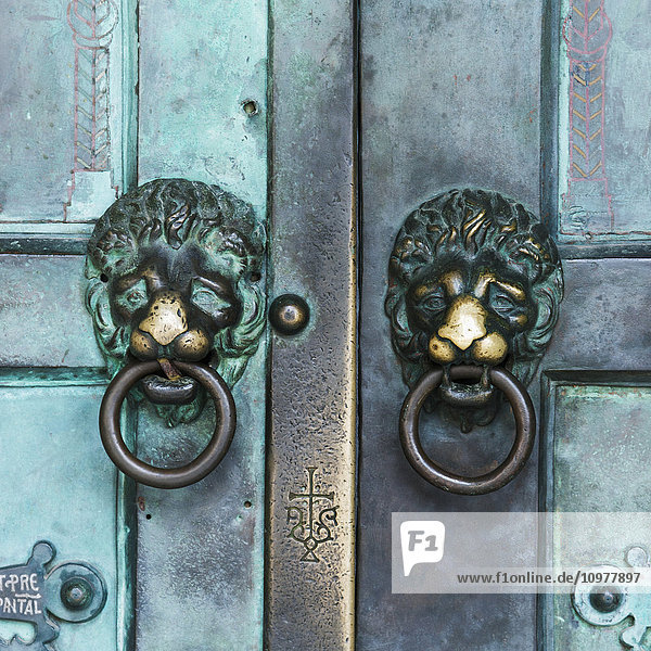 'Two metal lion door knockers on double doors; Amalfi  Campania  Italy'