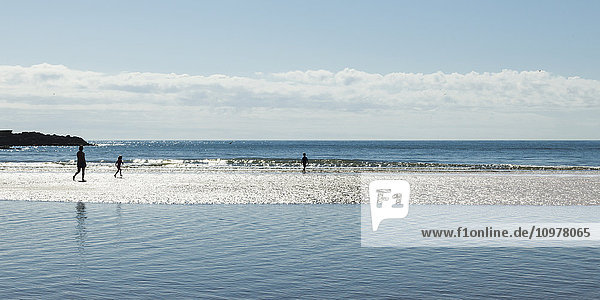 Eine Familie wandert am felsigen Strand von Cruden Bay; Aberdeenshire  Schottland'.