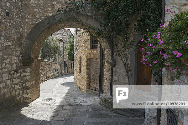 Spaziergang vorbei an Steinmauern und einem Torbogen durch Wohngebäude; Gaiole in Chianti  Toskana  Italien'.