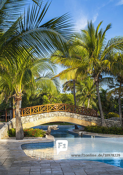 'Swimming pool and footbridge at a resort on the Caribbean; Playa del Carmen  Quintana Roo  Mexico'
