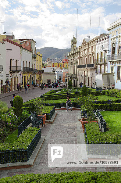 'City view of central Guanajuato surrounded by old spanish architecture; Guanajuato  Mexico'