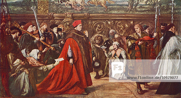Thomas Wolsey in der Westminster Hall in London  England  nachdem er 1515 zum Kardinal ernannt wurde. Thomas Wolsey  1473-1530  auch Woolsey geschrieben. Englische politische Persönlichkeit und Kardinal der römisch-katholischen Kirche. Aus der Jahrhundertausgabe von Cassell's History of England  veröffentlicht 1901.