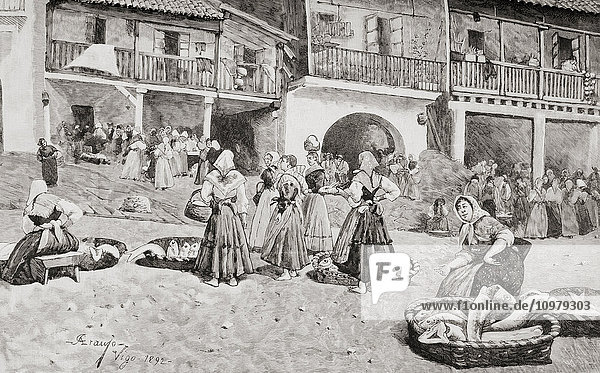 Der Fischmarkt in Vigo  Spanien  im 19. Jahrhundert nach einer Zeichnung von Joaquín Araújo Ruano. Aus La Ilustracion Española y Americana  veröffentlicht 1892.