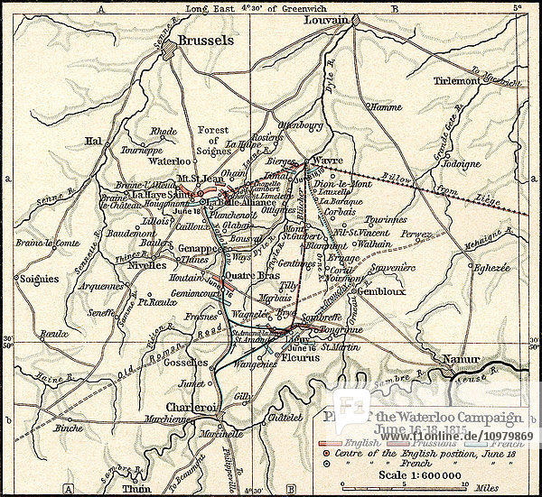 Plan des Feldzugs von Waterloo  16. bis 18. Juni 1815. Aus Historischer Atlas  veröffentlicht 1923.