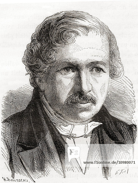 Louis-Jacques-Mandé Daguerre  1787 - 1851. Französischer Künstler und Fotograf  bekannt für seine Erfindung des Daguerreotypie-Verfahrens der Fotografie. Aus Les Merveilles de la Science  veröffentlicht ca. 1870