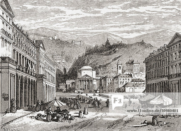 A street in Turin  Italy in the late 19th century. From Italian Pictures by Rev. Samuel Manning  published c.1890.