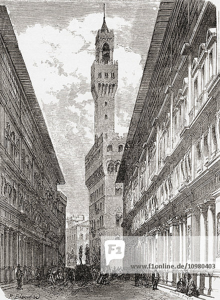 The Uffizi  the Palazzo Vecchio and statuary in Piazza della Signoria  Florence  Italy in the late 19th century. From Italian Pictures by Rev. Samuel Manning  published c.1890.