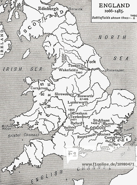 Eine Karte von England 1066 - 1485  die Schlachtfelder sind mit gekreuzten Schwertern markiert. Aus A First Book of British History  veröffentlicht 1925.