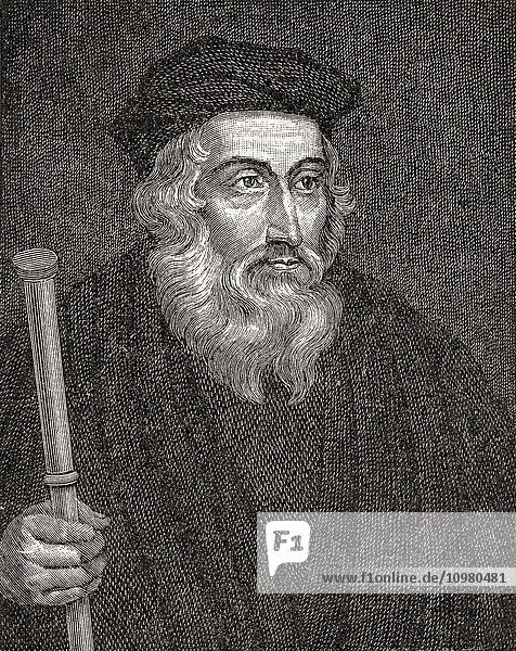 John Wycliffe  ca. 1328 bis 1384. Englischer Theologe  Laienprediger  Übersetzer  Reformator und Hochschullehrer. Aus A First Book of British History  veröffentlicht 1925.