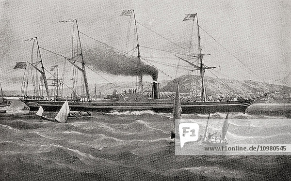 SS Great Western  ein Schaufelraddampfer mit Eichenrumpf  das erste Schiff  das speziell für die Atlantiküberquerung gebaut wurde. Sie verließ Bristol am 7. April 1838 und lief am 23. April im Hafen von New York ein. Aus The Romance of the Merchant Ship  veröffentlicht 1931.