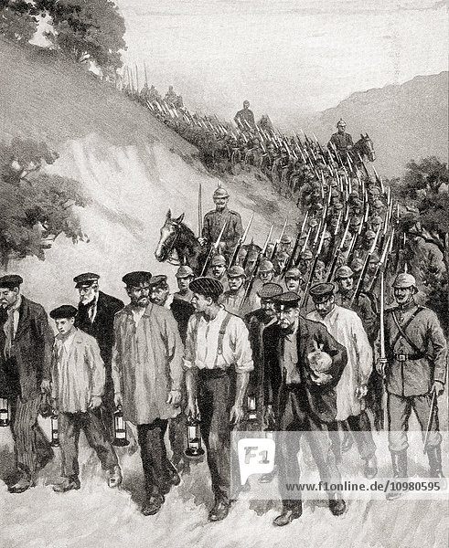 Belgian miners captured by the Germans near Charleroi  Belgium and made to march at the head of the column  which was entering the town  thereby using them as a human shield  during WWI. From The War Illustrated Album Deluxe  published 1915.