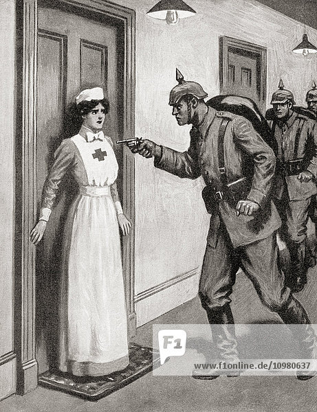 Die tapfere Krankenschwester Agassiz beschützt ihre verwundeten britischen Patienten vor den Deutschen im Ersten Weltkrieg. Aus The War Illustrated Album Deluxe  veröffentlicht 1915.