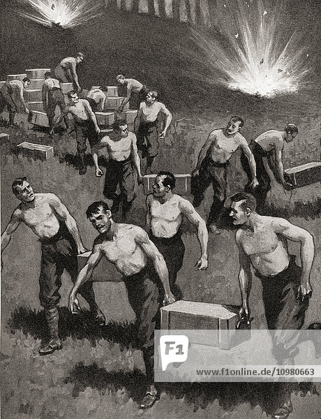 Britische Soldaten entfernen mutig Munitionskisten  um dem feindlichen Feuer während der Schlacht an der Marne 1914 zu entgehen. Aus The War Illustrated Album Deluxe  veröffentlicht 1915.