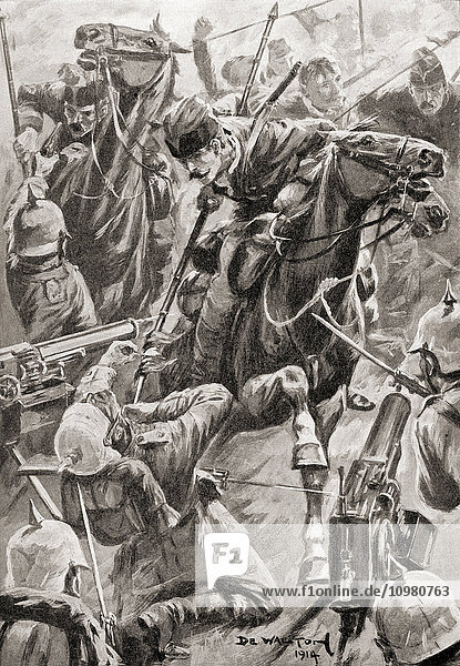 Der Angriff der belgischen Lanzenreiter in der Schlacht von Haelen oder Halen  auch bekannt als die Schlacht der Silberhelme  am 12. August 1914 während des Ersten Weltkriegs. Aus The History of the Great War  veröffentlicht ca. 1919