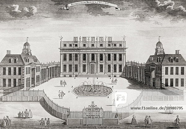 Fassade des Buckingham House  London  England  nach einem Stich von 1714. Aus Buckingham Palace  Its Furniture  Decoration and History  veröffentlicht 1931.