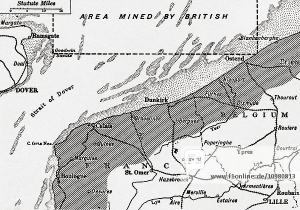Karte des von den Briten während des Ersten Weltkriegs verminten Gebiets in der Nordsee. Aus The War Illustrated Album Deluxe  veröffentlicht 1915.