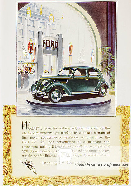 Eine Anzeige von 1937 für das Ford-V8-Auto 22 . Aus The Sphere  Coronation Record Number  veröffentlicht 1937.'