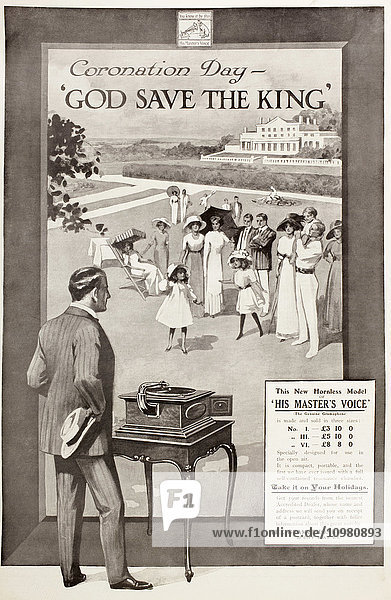 Eine Anzeige von 1910 für His Master's Voice'' Gramaphone Player. Aus The Illustrated London News  veröffentlicht 1910.