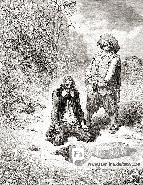 Illustration von Gustave Doré zu La Fontaines Fabel Der Geizige  der seinen Schatz verlor (L'avare qui a perdu son trésor). Aus einer Ausgabe der Fabeln von La Fontaine aus dem späten 19.