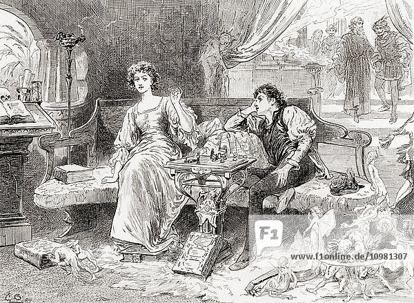 'A scene from William Shakespeare's play The Tempest. Act V scene 1. Miranda: ''Sweet Lord you play me false.'' Illustration by Gordon Browne. From The Works of William Shakespeare published 1896.'