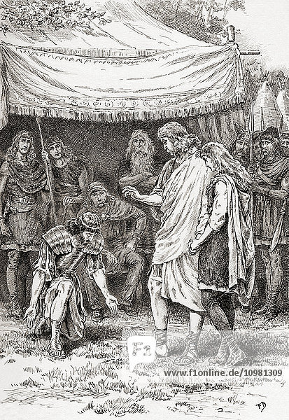 'A scene from William Shakespeare's play Cymbeline. Act V  scene 5. Posthumus Leonatus: ''Kneel not to me. The power that I have on you is to spare you.'' Illustration by Gordon Browne. From The Works of William Shakespeare  published 1896.'