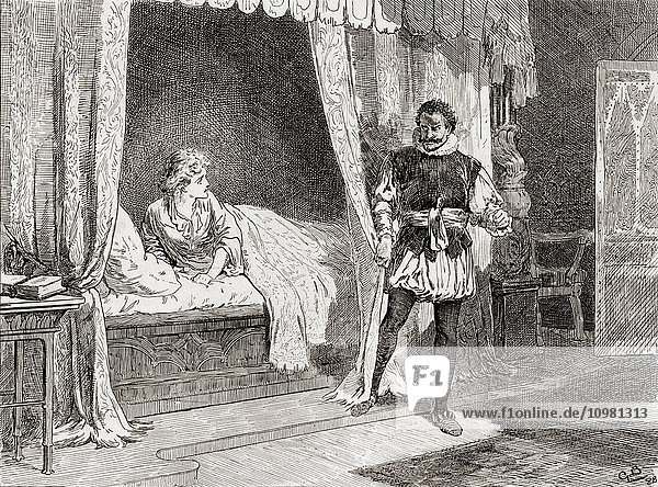 'A scene from William Shakespeare's play Othello. Act V scene 2. Desdemona: ''Talk you of killing?'' Othello: ''Ay I do.'' Illustration by Gordon Browne. From The Works of William Shakespeare published 1896.'