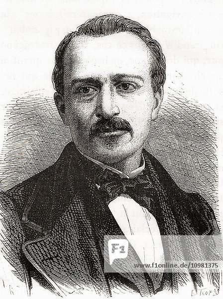 Jean Joseph Étienne Lenoir  alias Jean J. Lenoir  1822 - 1900. Belgischer Ingenieur  der 1858 den Verbrennungsmotor entwickelte. Aus Les Merveilles de la Science  veröffentlicht um 1870