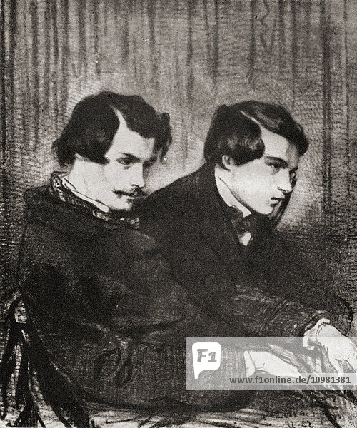 The Goncourt brothers. Left  Edmond de Goncourt 1822–1896 who founded the Académie Goncourt. Right  Jules de Goncourt  1830–1870. French naturalism writers.