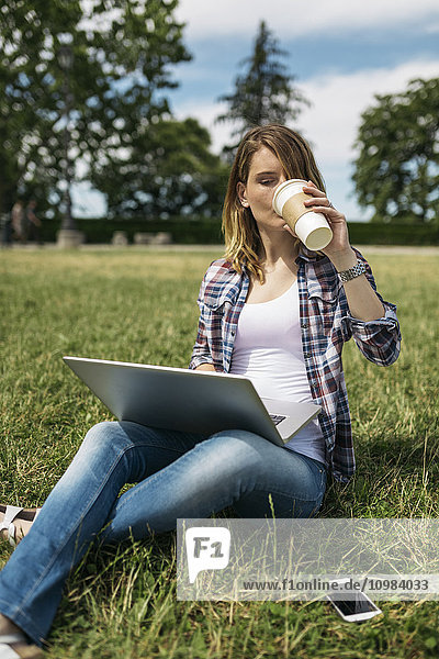 Junge Frau mit Laptop sitzt auf einer Wiese und trinkt Kaffee zum Mitnehmen
