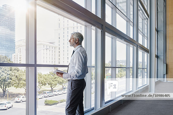 Businessman looking out of a big window