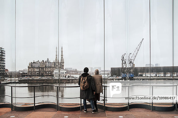 Belgien,  Antwerpen,  Rückansicht des Paares mit Blick durchs Fenster auf die Hafengebiete