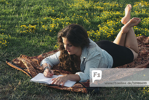 Junge Frau liegt auf einer Wiese und schreibt etwas in ihr Tagebuch.