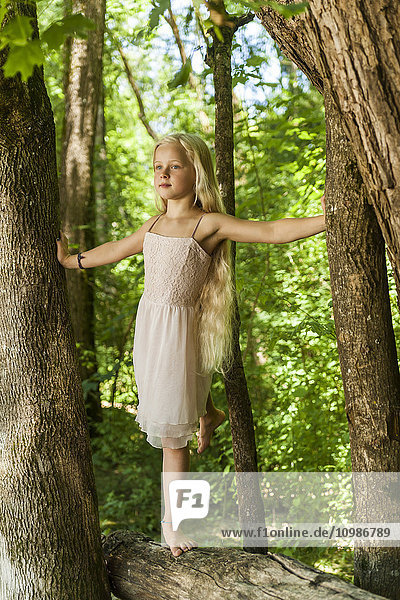 Blondes kleines Mädchen auf Baumstamm balancierend