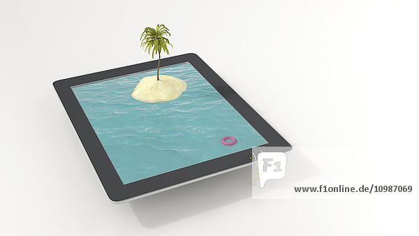 Tablett mit schwimmendem Reifen und Insel mit Palme im Meer,  3D Rendering