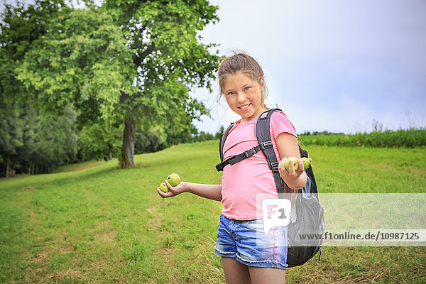 Smiling girl collecting apples on a meadow