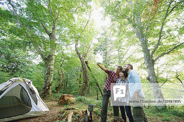 Multi-ethnic group of friends taking selfie at a camp site