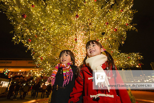 Japanische Kinder unter dem Weihnachtsbaum im Freien