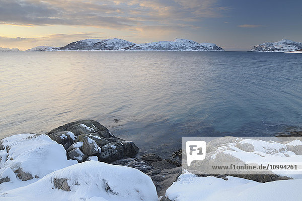 Küste im Winter  Sorfjorden  Vasstrand  Tromso  Troms  Norwegen