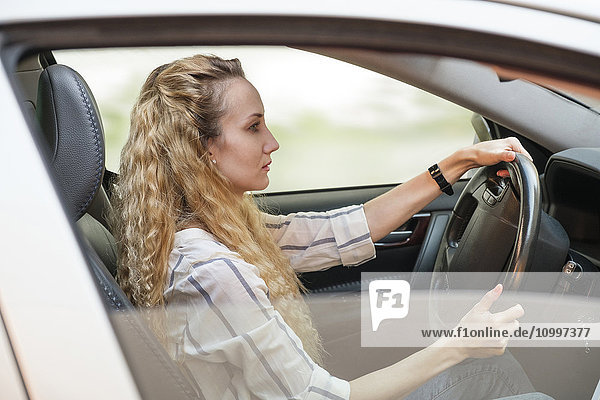 Woman with curly  long  blond hair driving car