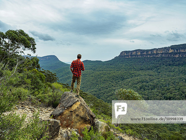 Australien  New South Wales  Katoomba  Blue Mountains  Rückansicht eines mittelgroßen Mannes mit Blick auf die Blue Mountains